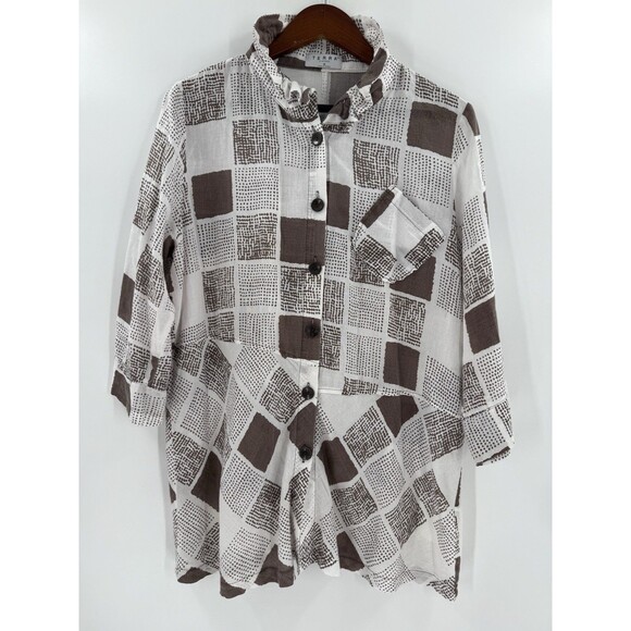 Terra SJ Apparel Tan & White Print Wired Collar Button Front Tunic Size MEDIUM - Picture 3 of 9